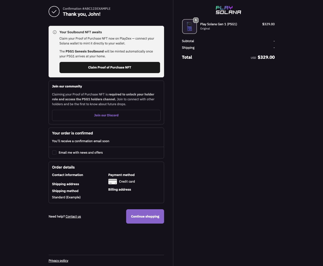 PSG1 checkout confirmation with Claim Proof of Purchase NFT button