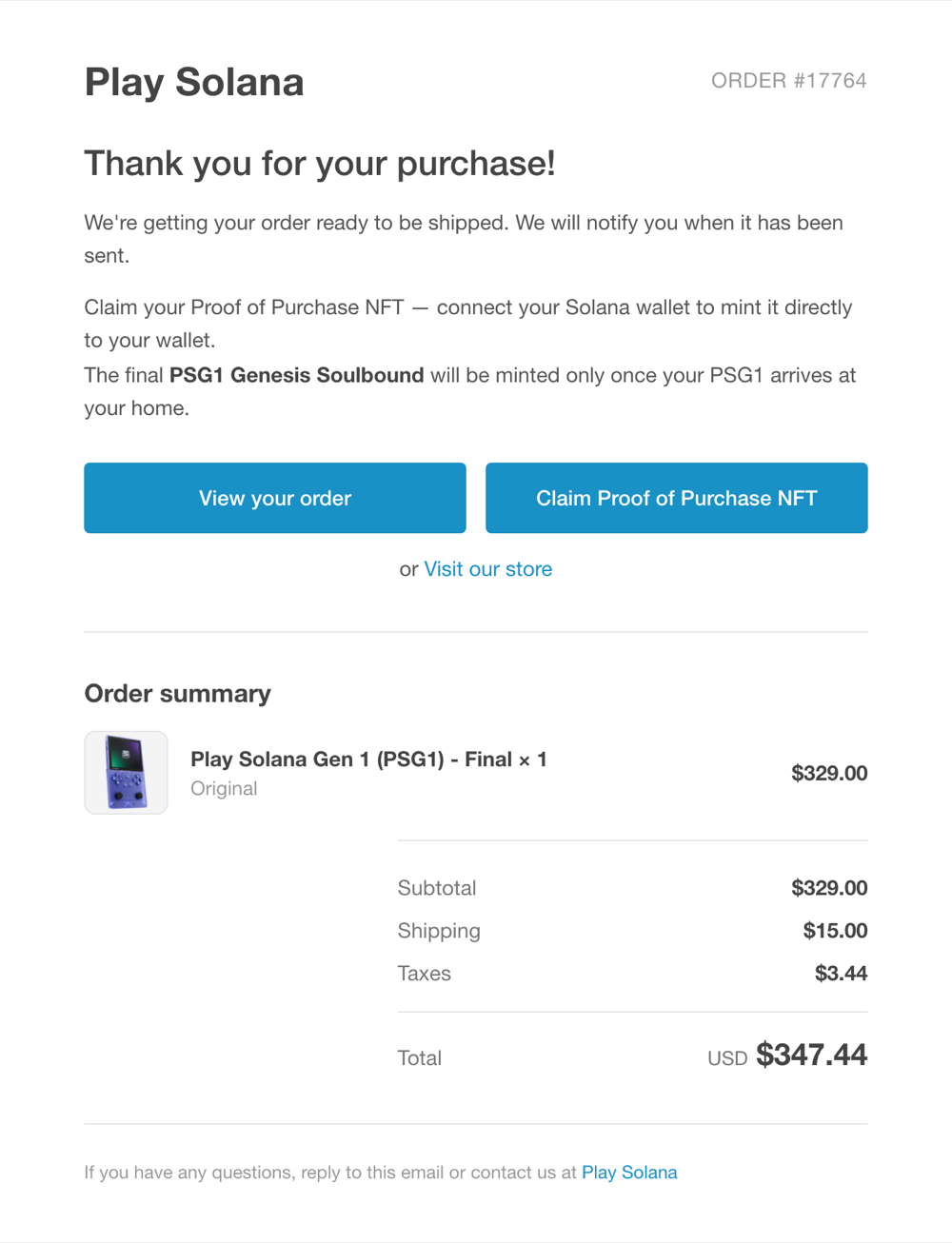 PSG1 order confirmation email with Claim Proof of Purchase NFT button
